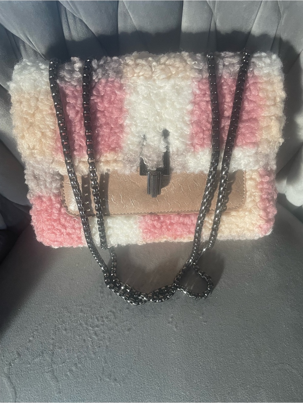Cozy Pink & Cream Sherpa Chain Shoulder Bag